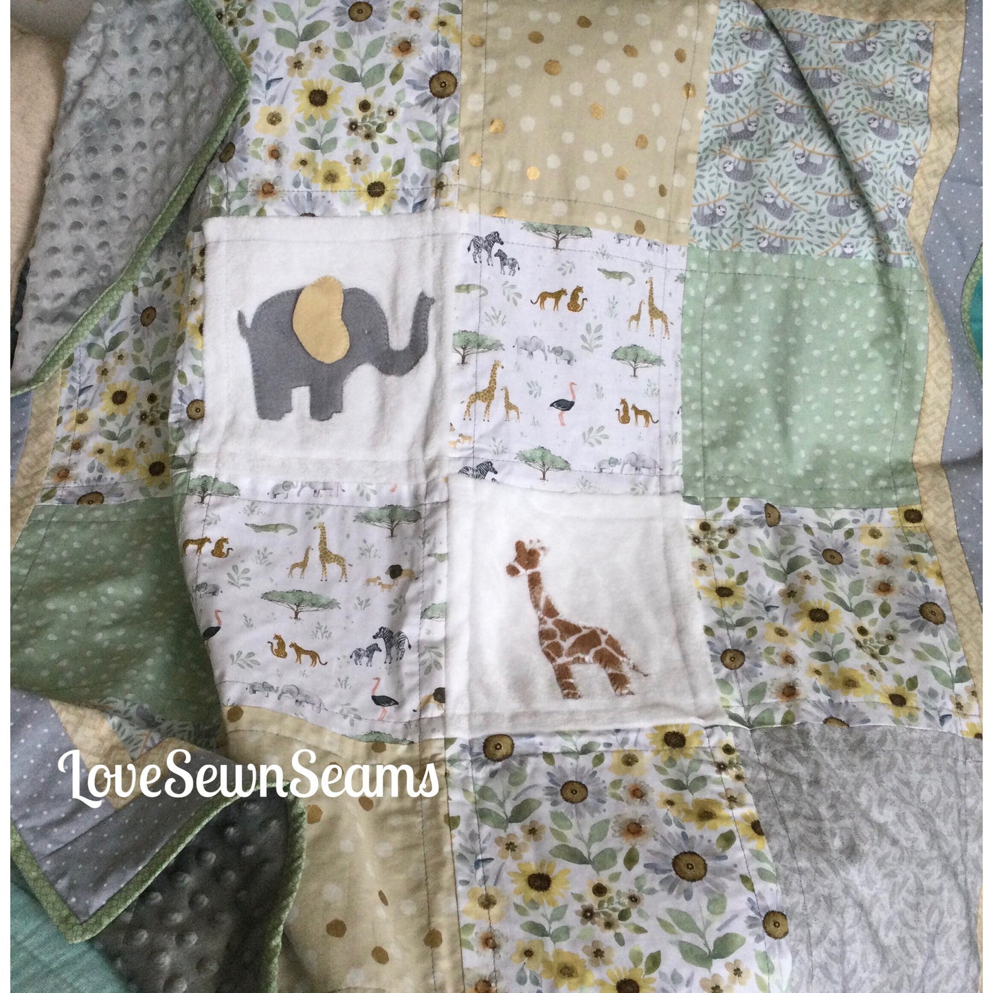 Sunflower Animals/Sweet baby quilt/Honey and Sage wildflowers/Watercolor sunflowers