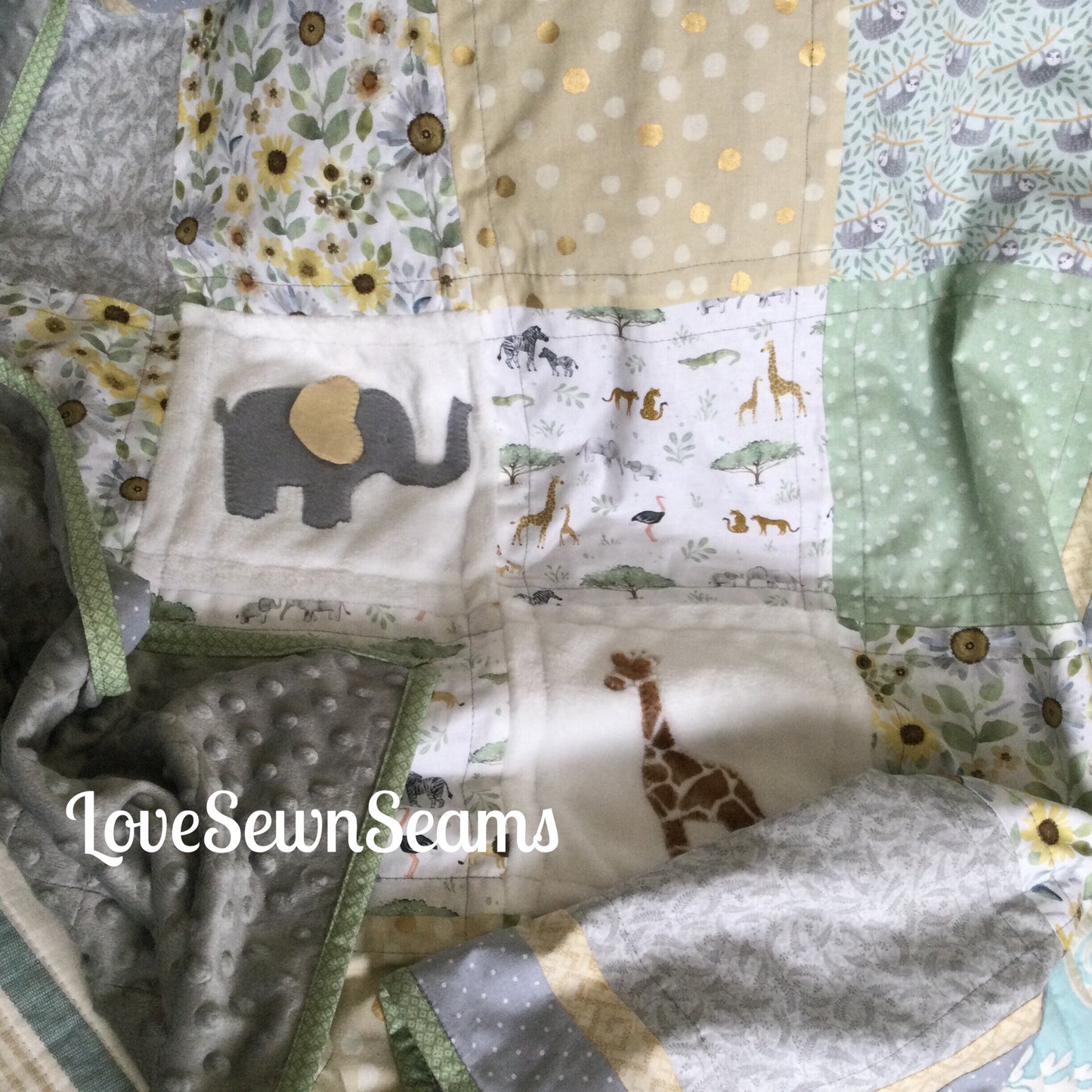 Sunflower Animals/Sweet baby quilt/Honey and Sage wildflowers/Watercolor sunflowers