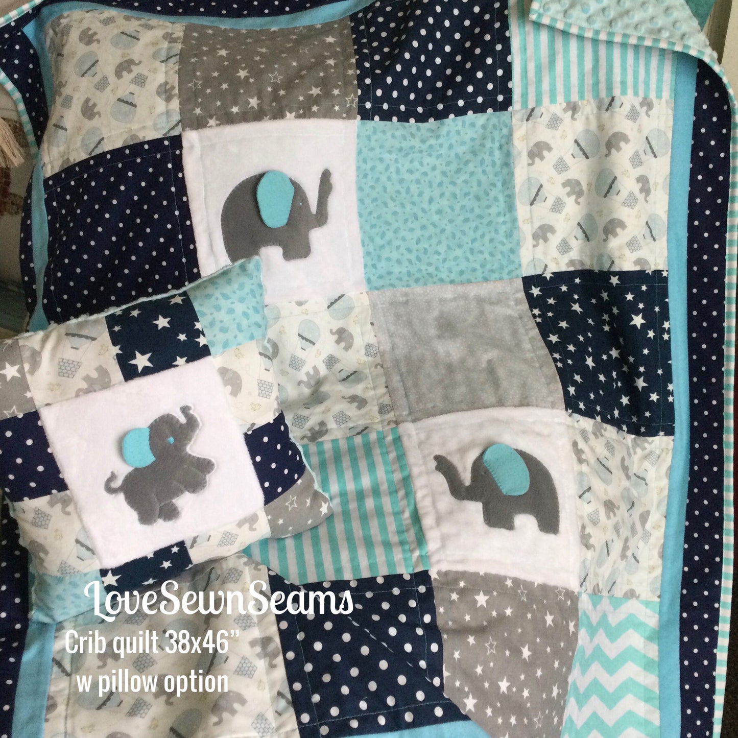 ELEPHANT QUILT/Mint+Gray+Navy Elephant t Quilt/Modern baby quilt/Handmade quilt/Minky Elephant quilt