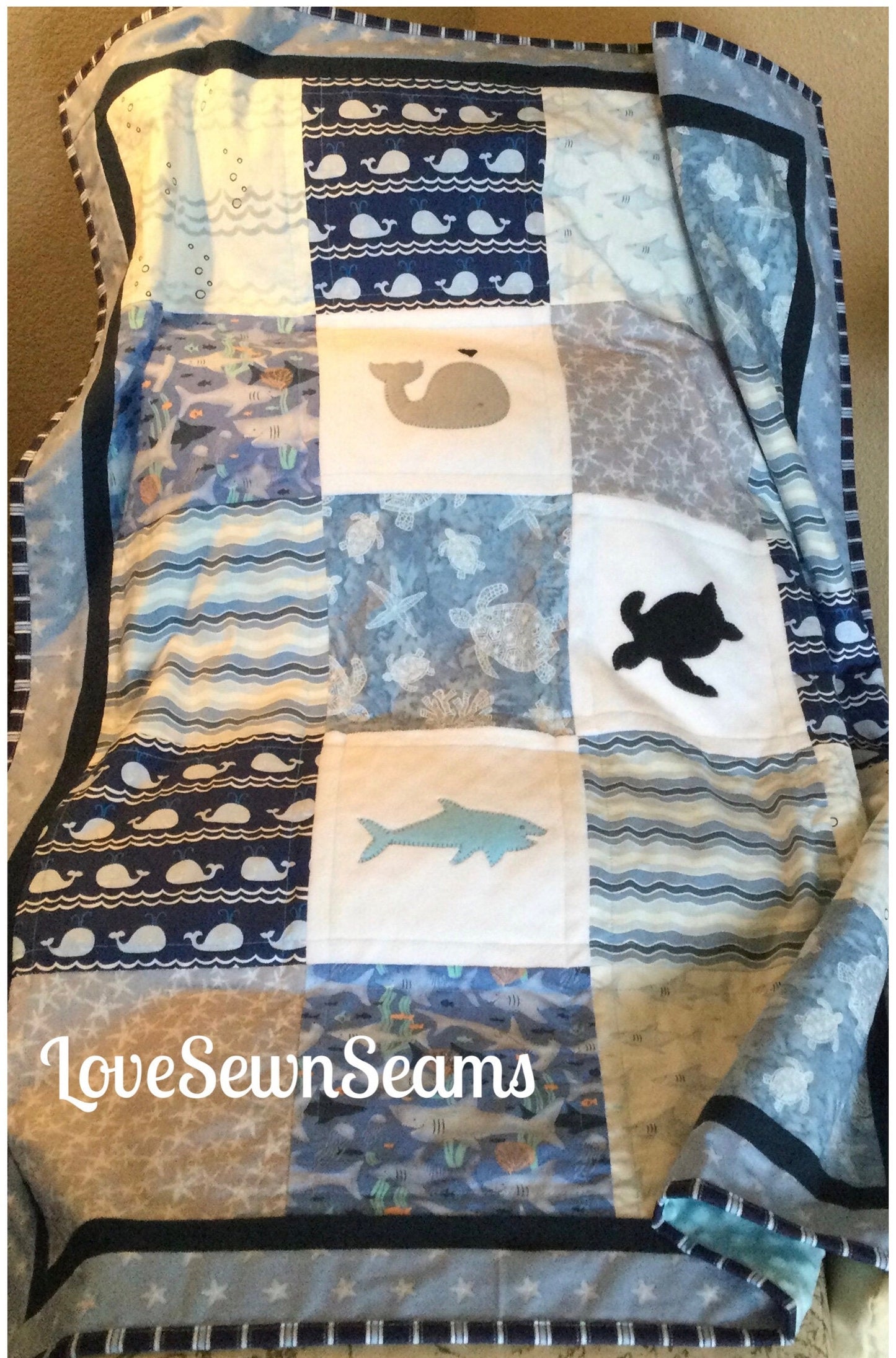 Ocean quilt/Handmade quilt/Coastal baby quilt/Nautical quilt/shark quilt/sea turtle quilt