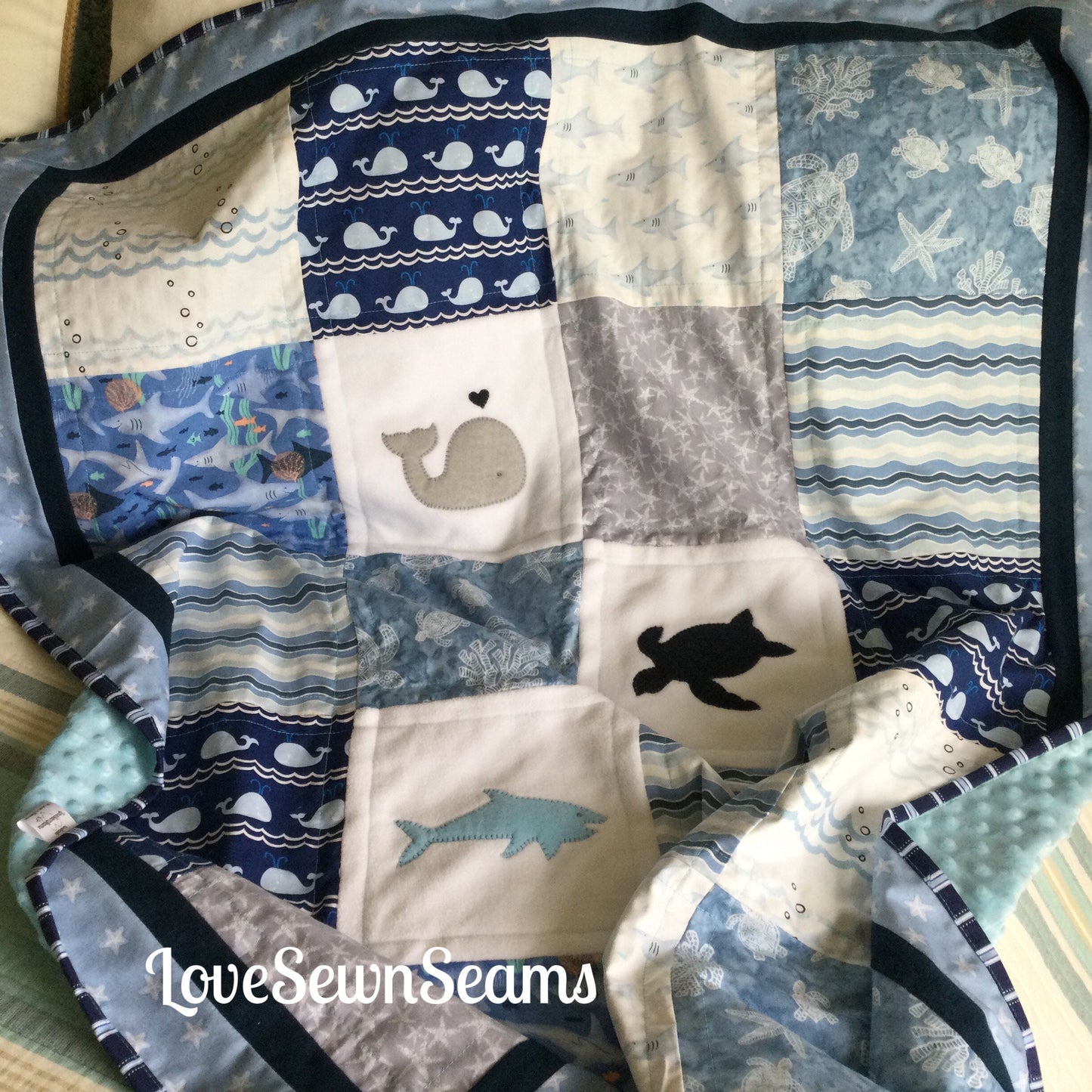 Ocean quilt/Handmade quilt/Coastal baby quilt/Nautical quilt/shark quilt/sea turtle quilt