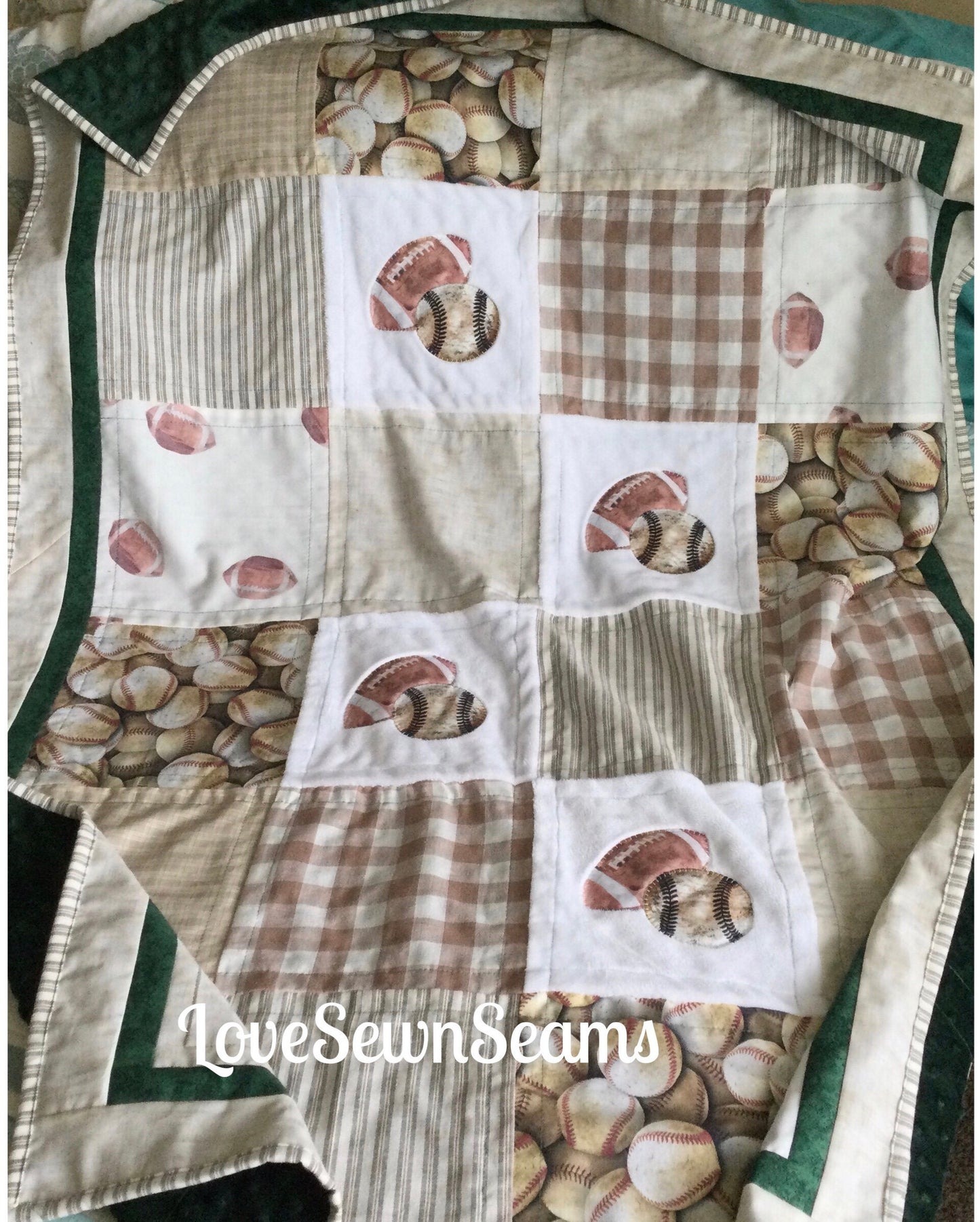 Sport quilt/Vintage style football and baseball quilt/Baseball quilt/Football quilt