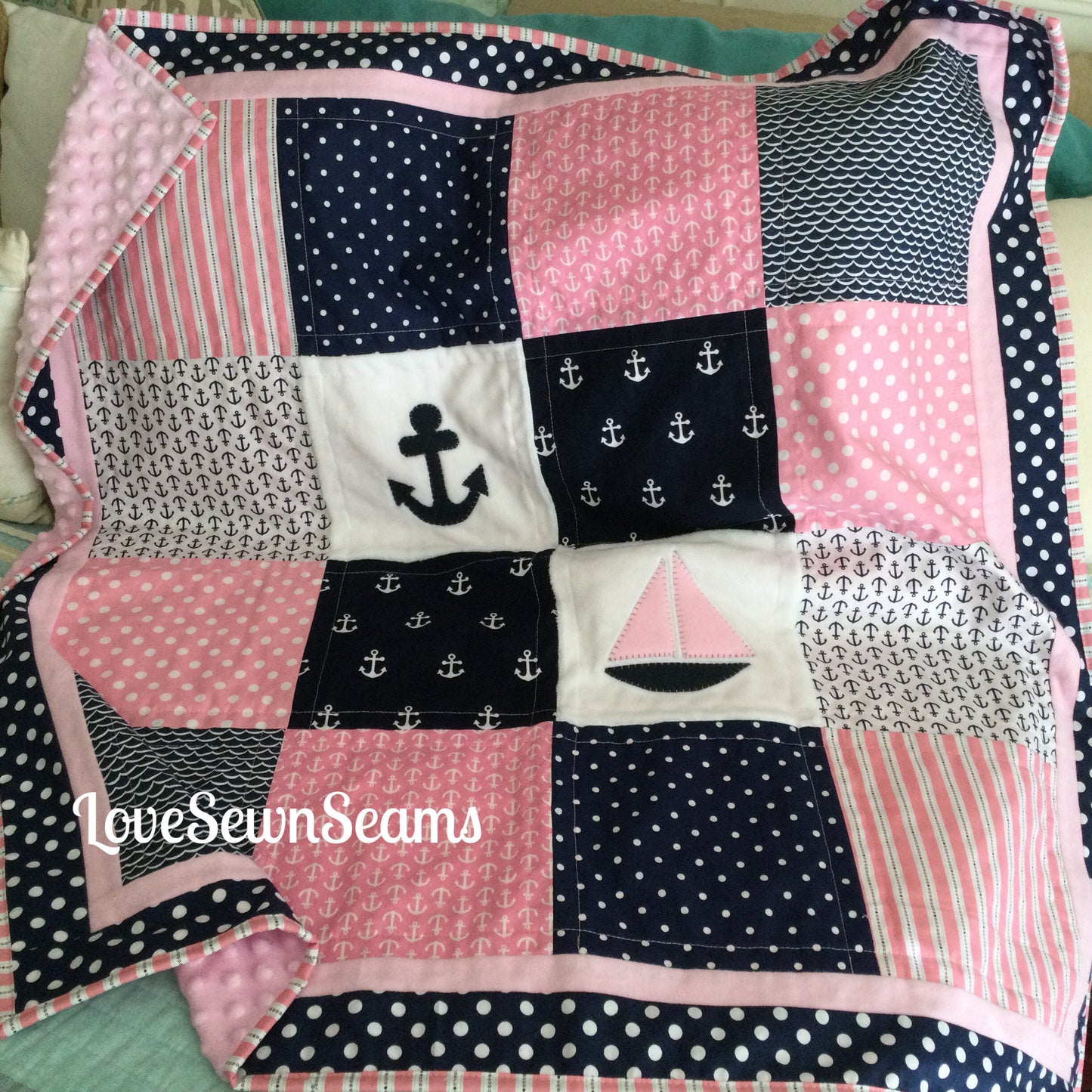 Seaside quilt/BABY Quilt/PINK NAUTICAL Quilt/Pink and navy quilt/Baby girl quilt/Handmade quilt