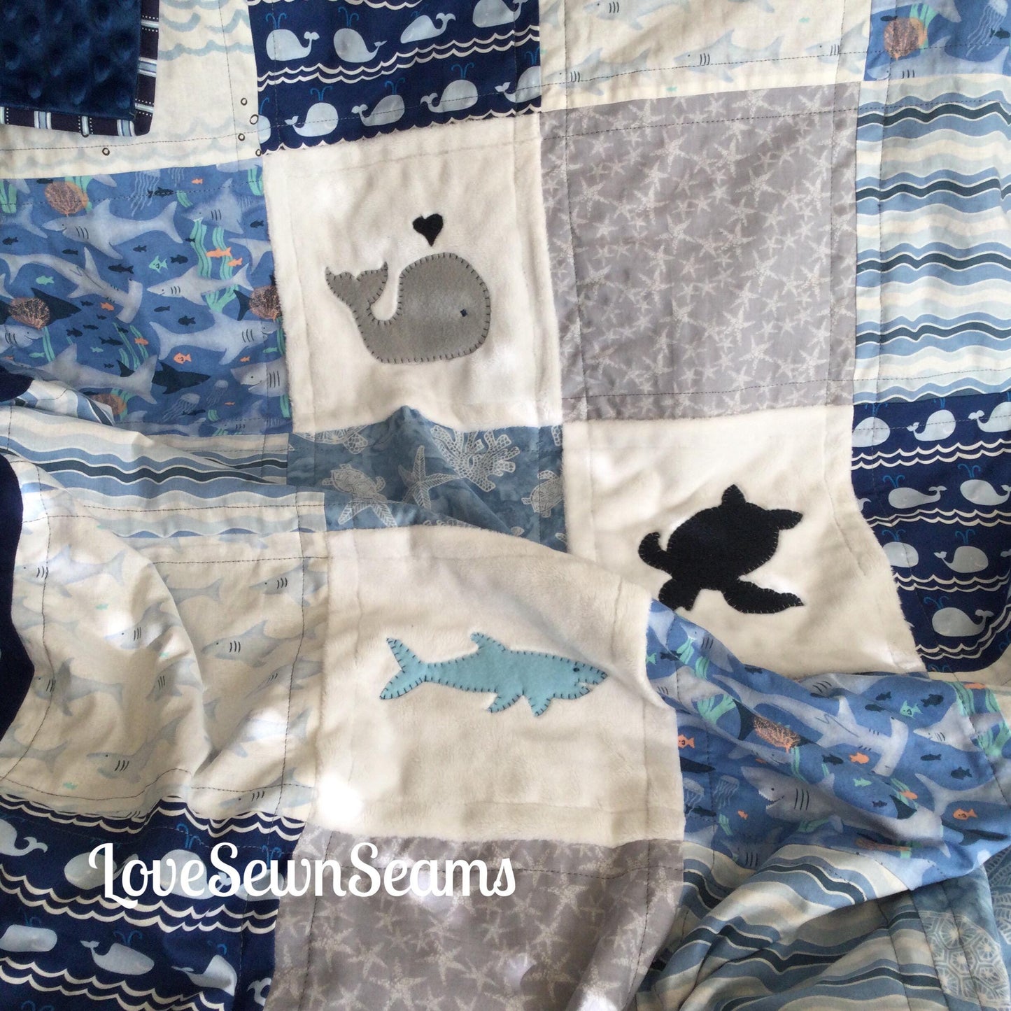 Ocean quilt/Handmade quilt/Coastal baby quilt/Nautical quilt/shark quilt/sea turtle quilt