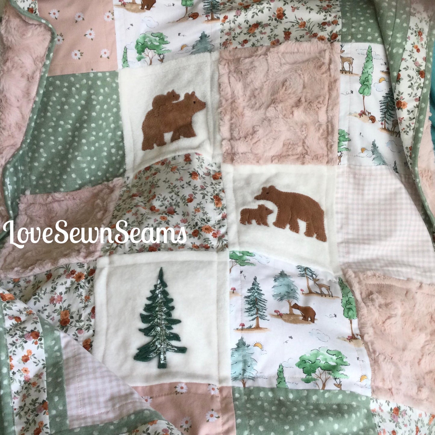 Sage & Blush Woodland quilt/Made to order/Nature quilt/Woodland/Handmade in USA/crib sheet option