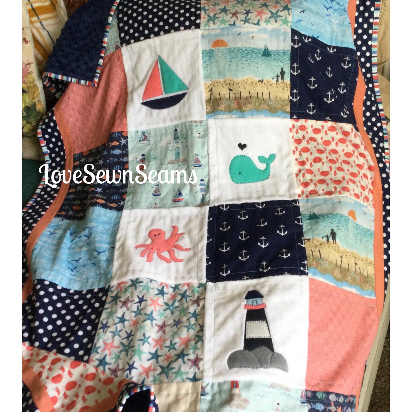 SAND n SURF QUILT/Beach day quilt/Sailboat quilt/Nautical Quilt/Coastal quilt/handmade quilt/Modern baby quilt