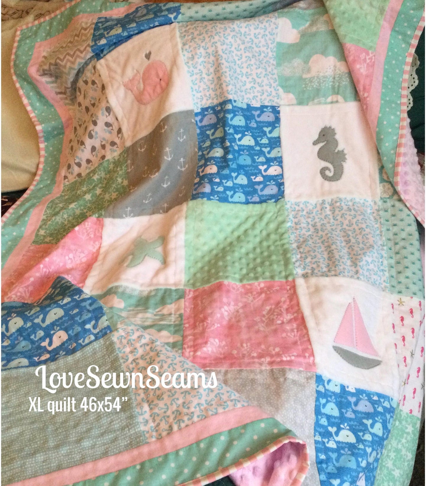 COASTAL QUILT/Seaside quilt or lovey/Nautical quilt/Beach quilt/ Baby girl quilt/Minky quilt