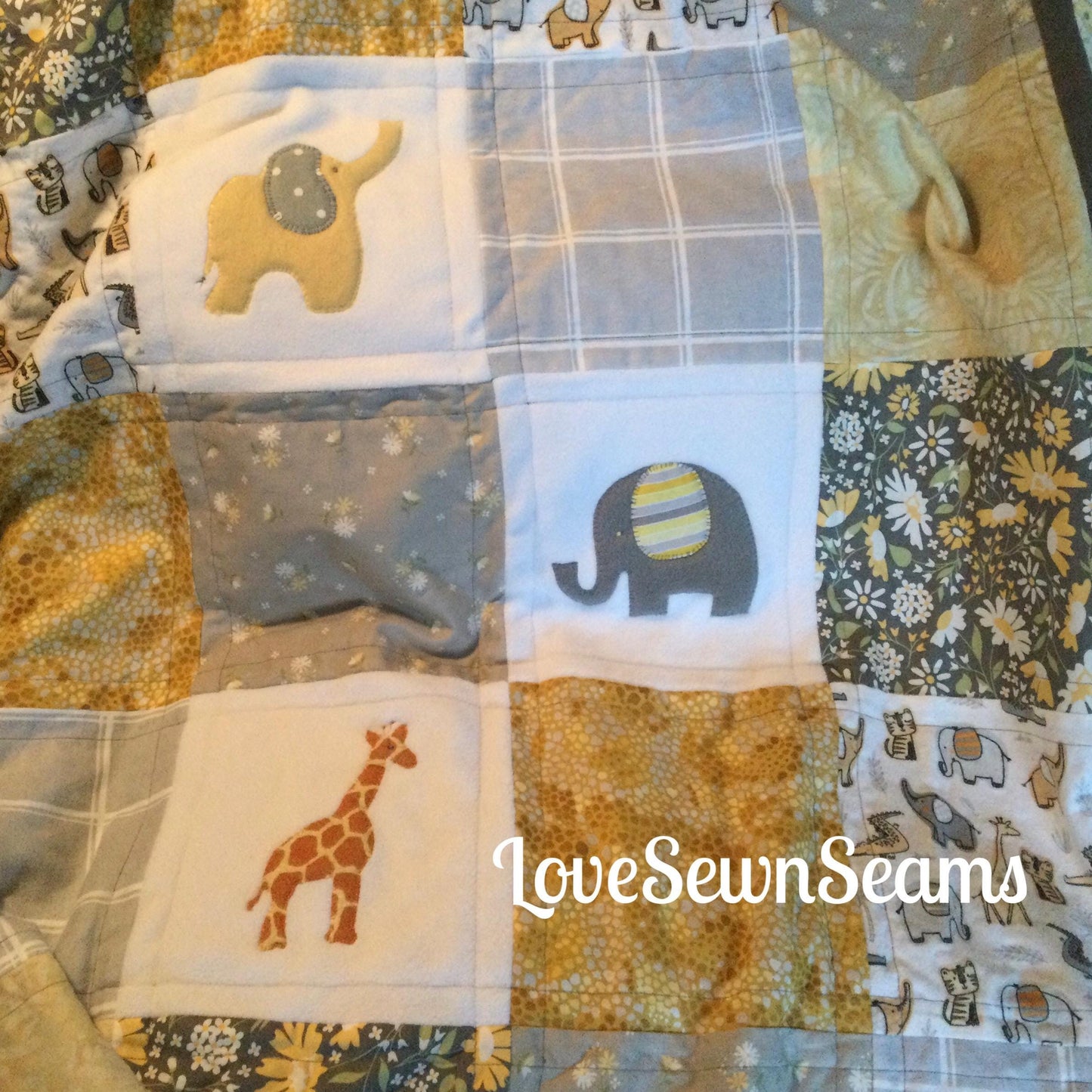 Safari quilt~Elephant quilt~buttercup & slate~animal quilt~handmade in USA