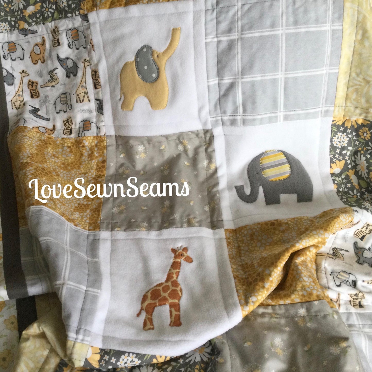 Safari quilt~Elephant quilt~buttercup & slate~animal quilt~handmade in USA