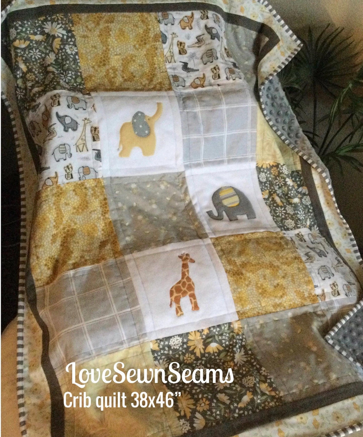 Safari quilt~Elephant quilt~buttercup & slate~animal quilt~handmade in USA