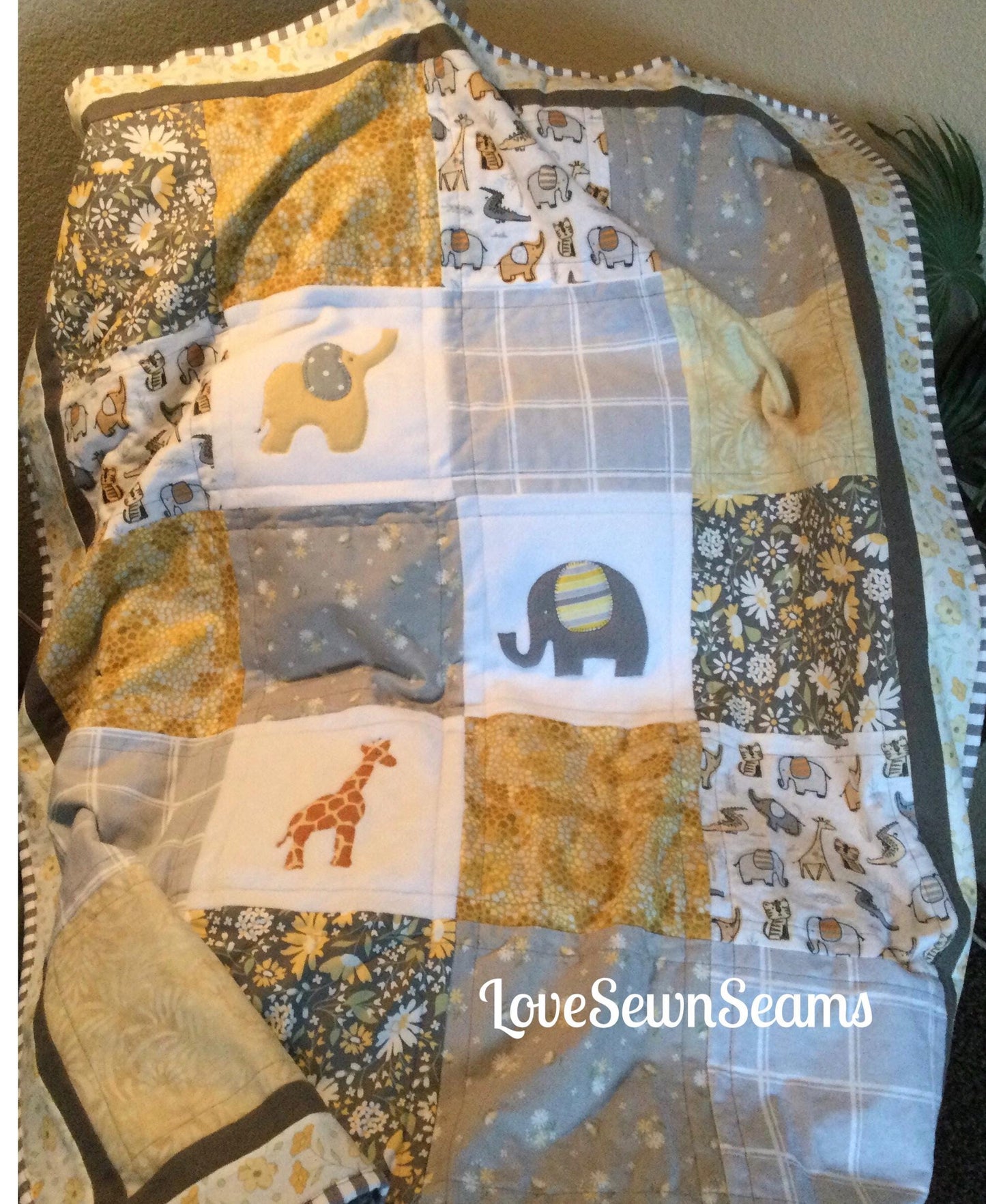 Safari quilt~Elephant quilt~buttercup & slate~animal quilt~handmade in USA