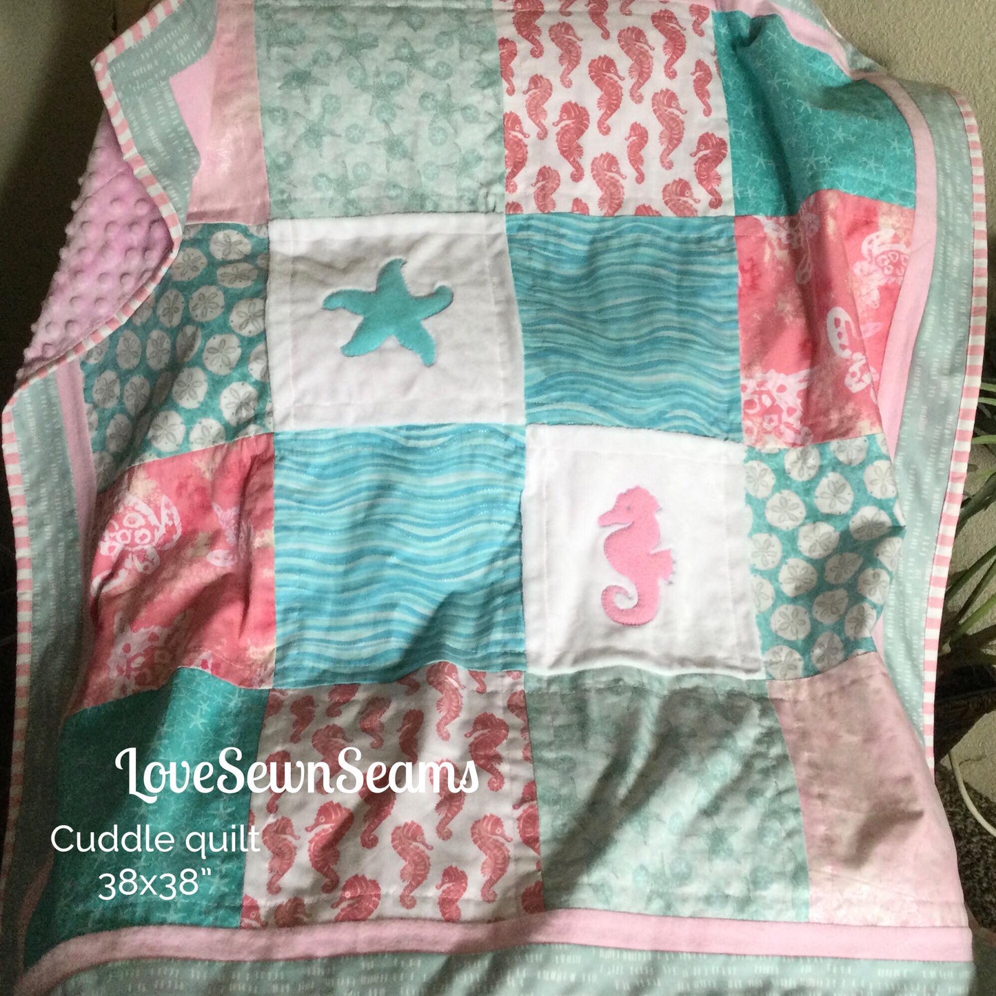 COASTAL QUILT/Nautical quilt/Blush, Coral and Light Teal quilt/Beach quilt/ Baby girl quilt/Minky quilt