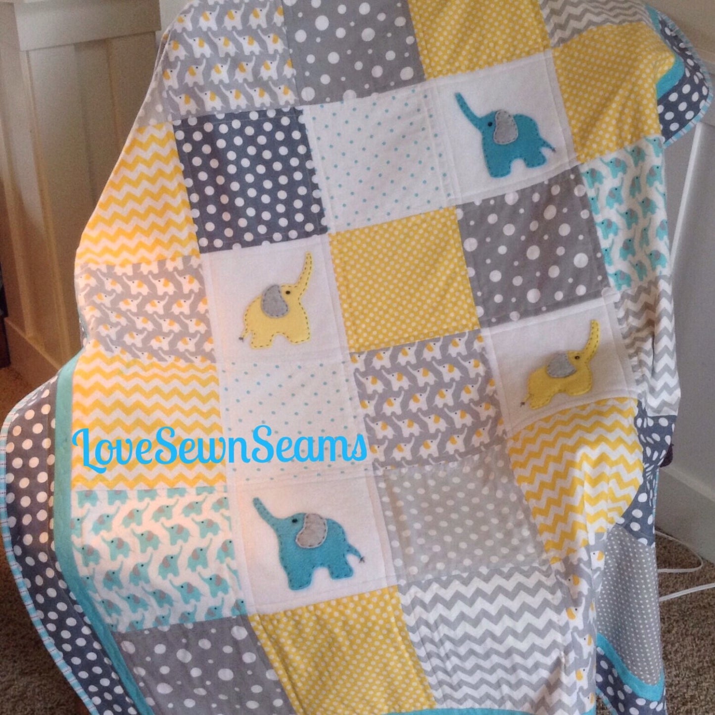 YELLOW/TEAL ELEPHANT Quilt with ultra soft back/2 sizes available