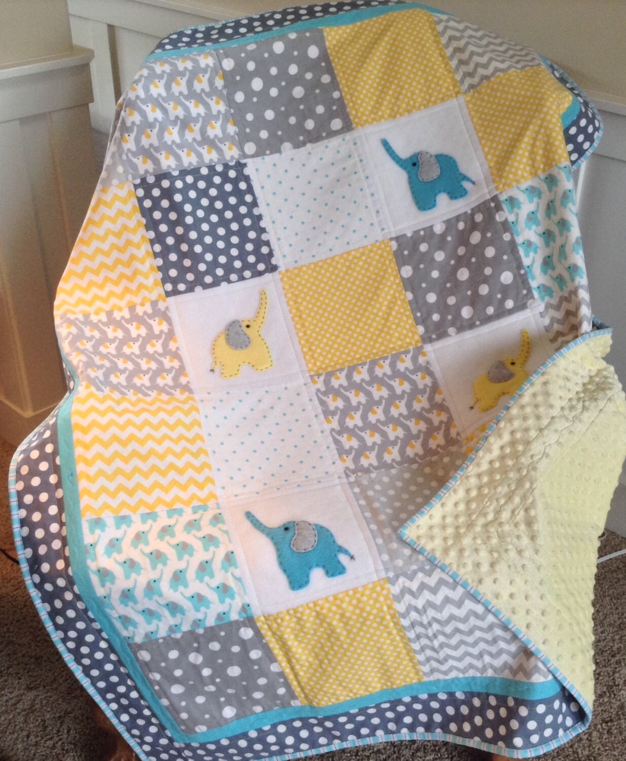 YELLOW/TEAL ELEPHANT Quilt with ultra soft back/2 sizes available