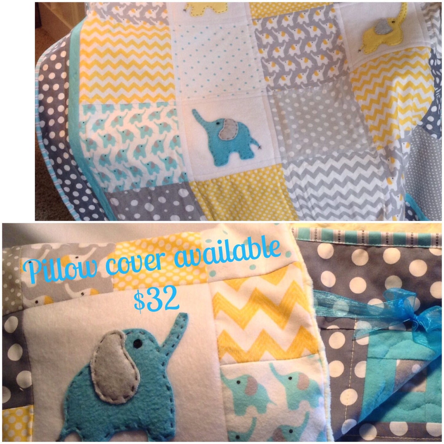 YELLOW/TEAL ELEPHANT Quilt with ultra soft back/2 sizes available