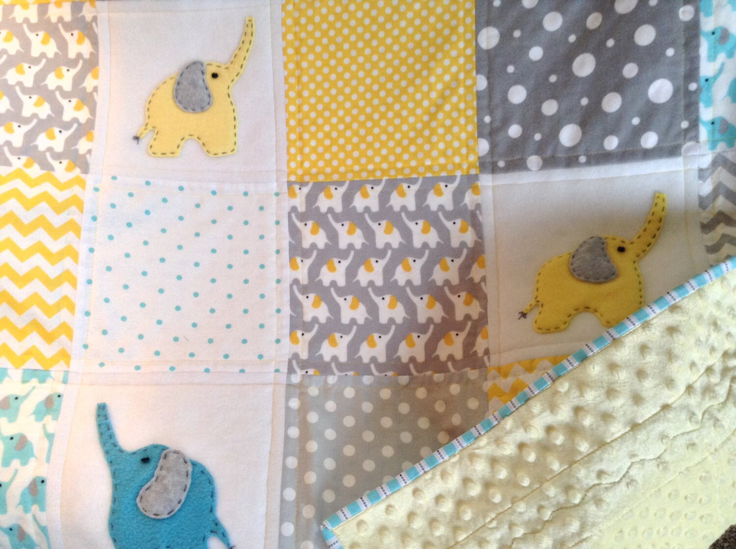 YELLOW/TEAL ELEPHANT Quilt with ultra soft back/2 sizes available