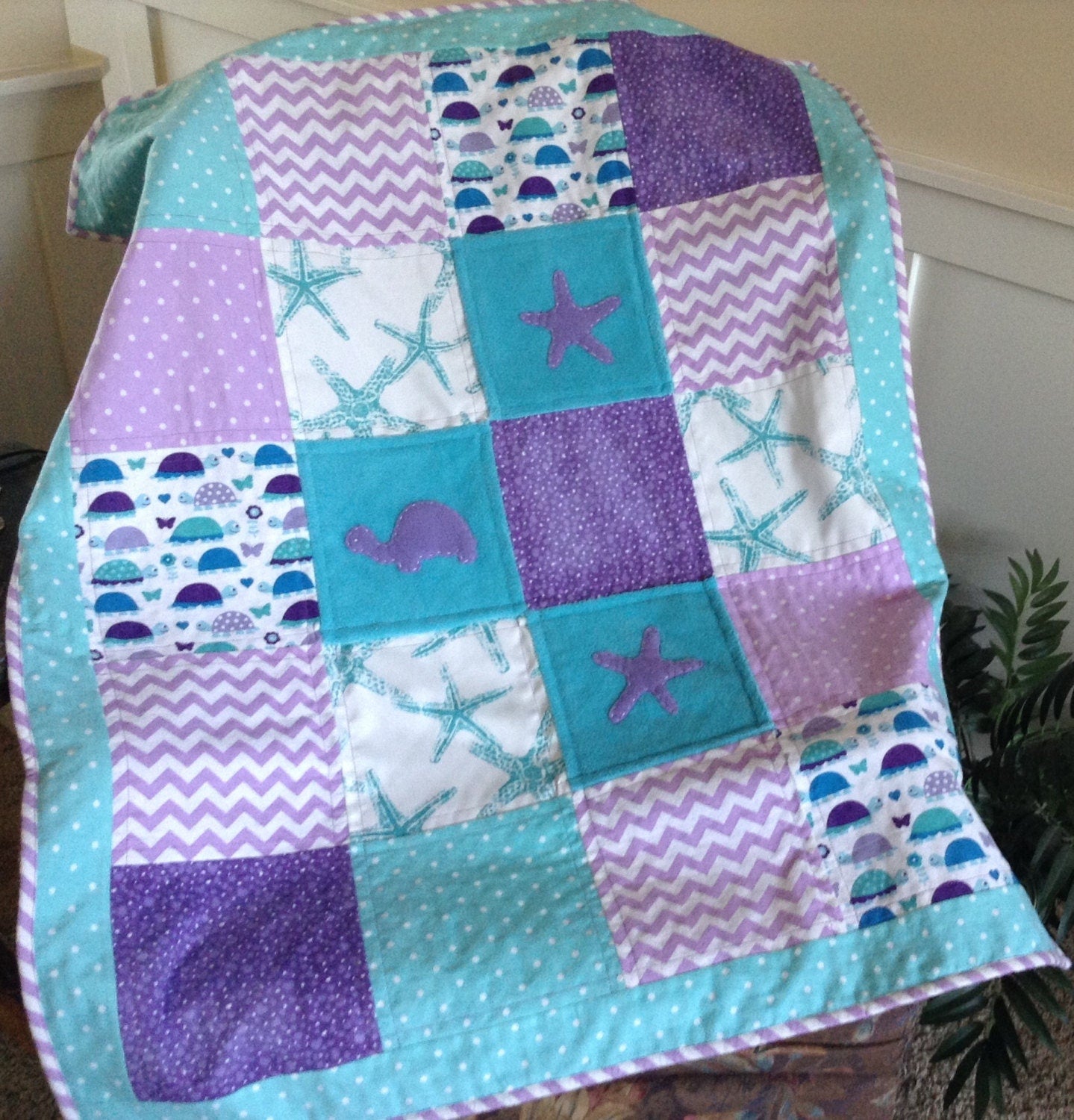 Turtle Starfish quilt with soft cuddly with ultra soft back simply adorable