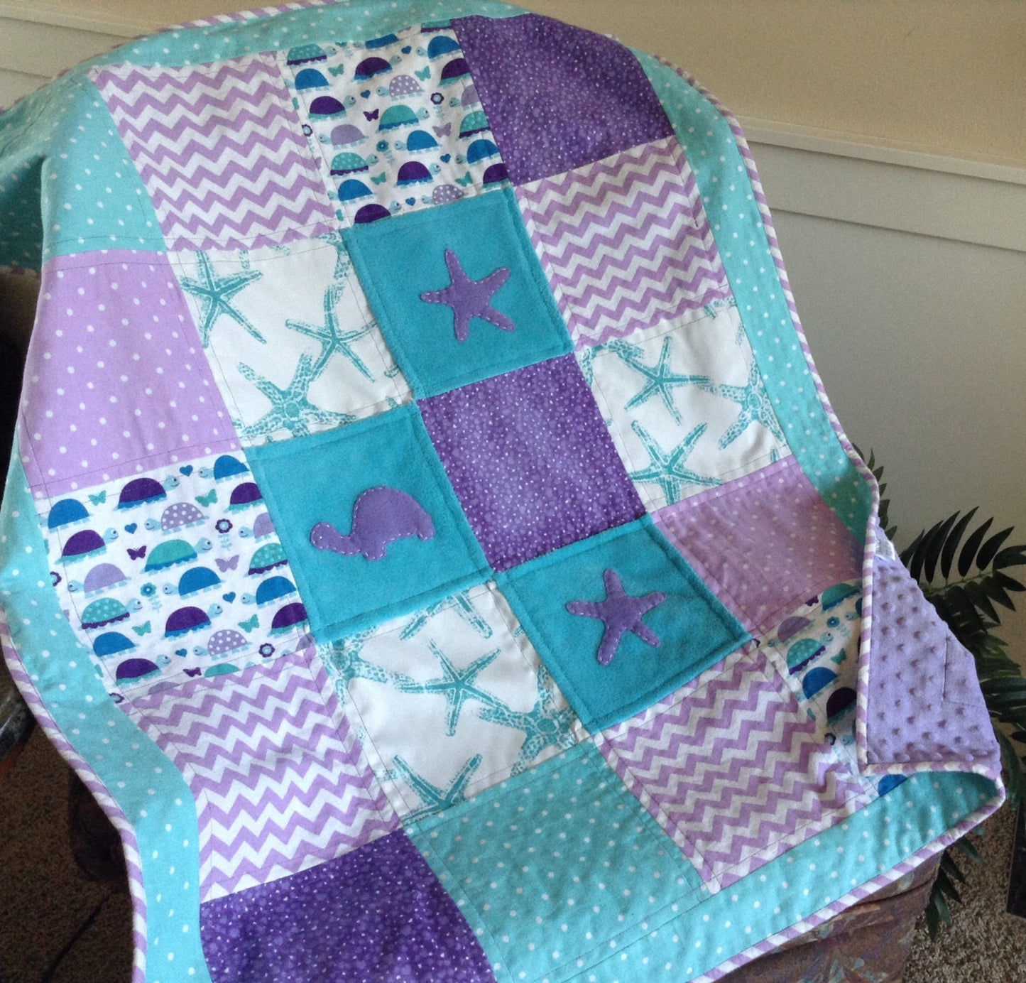 Turtle Starfish quilt with soft cuddly with ultra soft back simply adorable