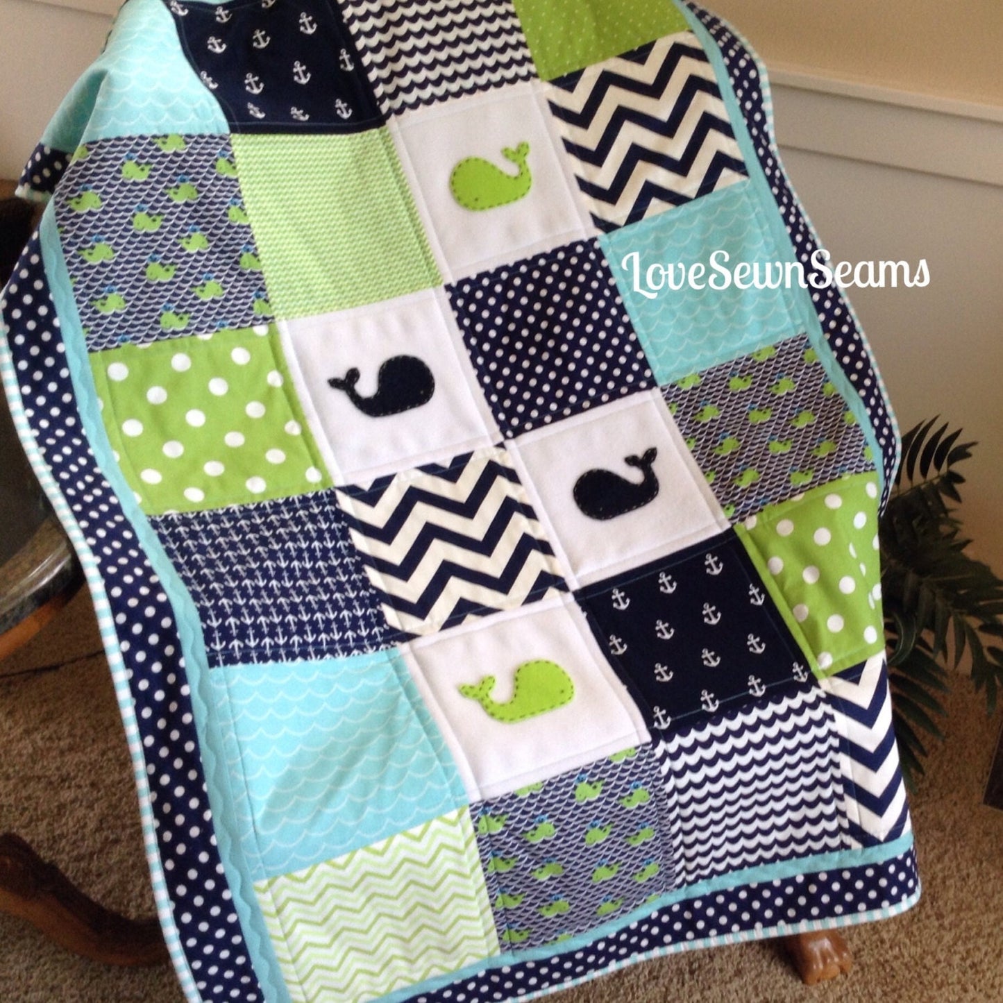 Nautical Baby quilt/Crib quilt/Baby quilt/Navy and Lime quilt