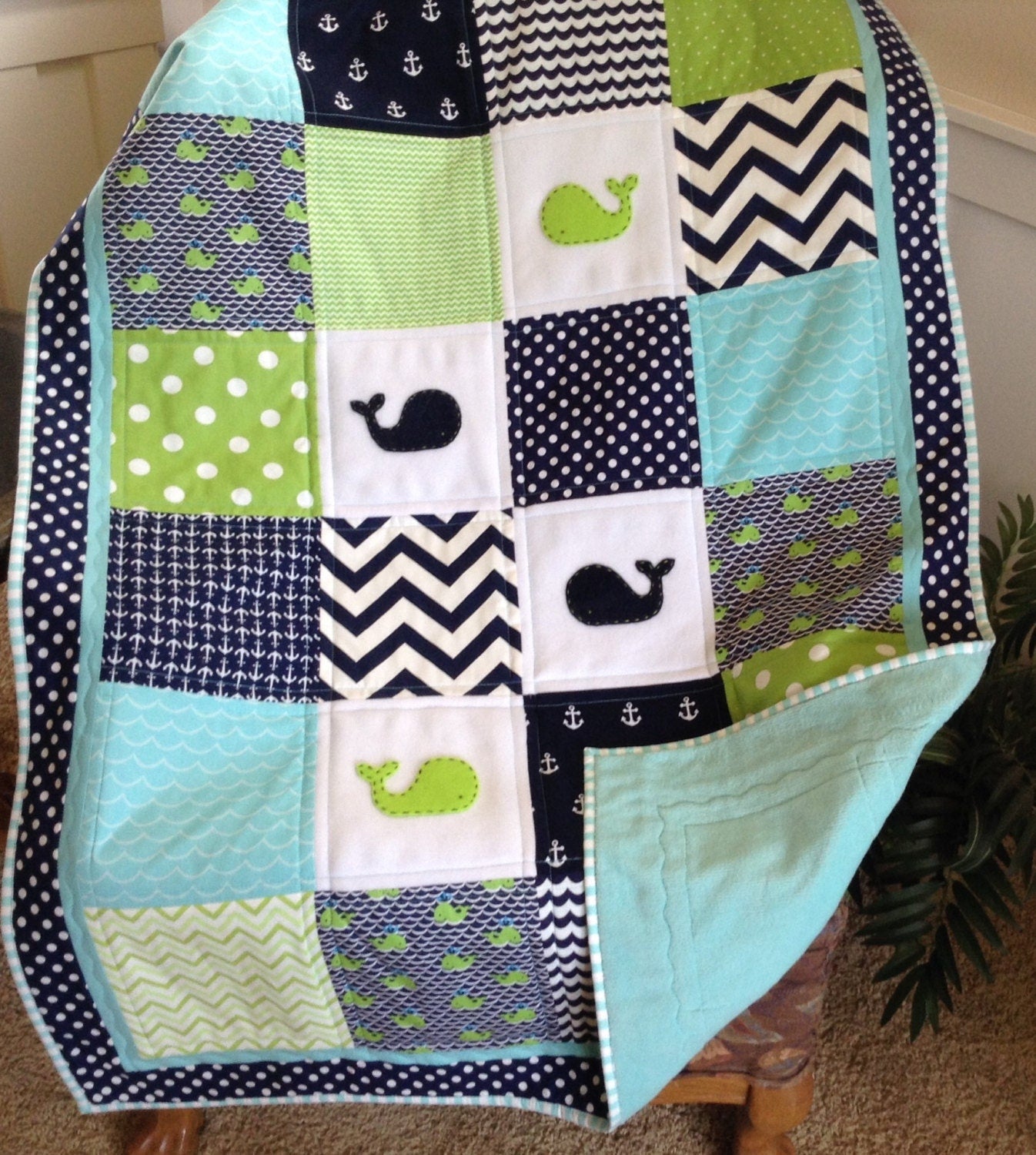 Nautical Baby quilt/Crib quilt/Baby quilt/Navy and Lime quilt