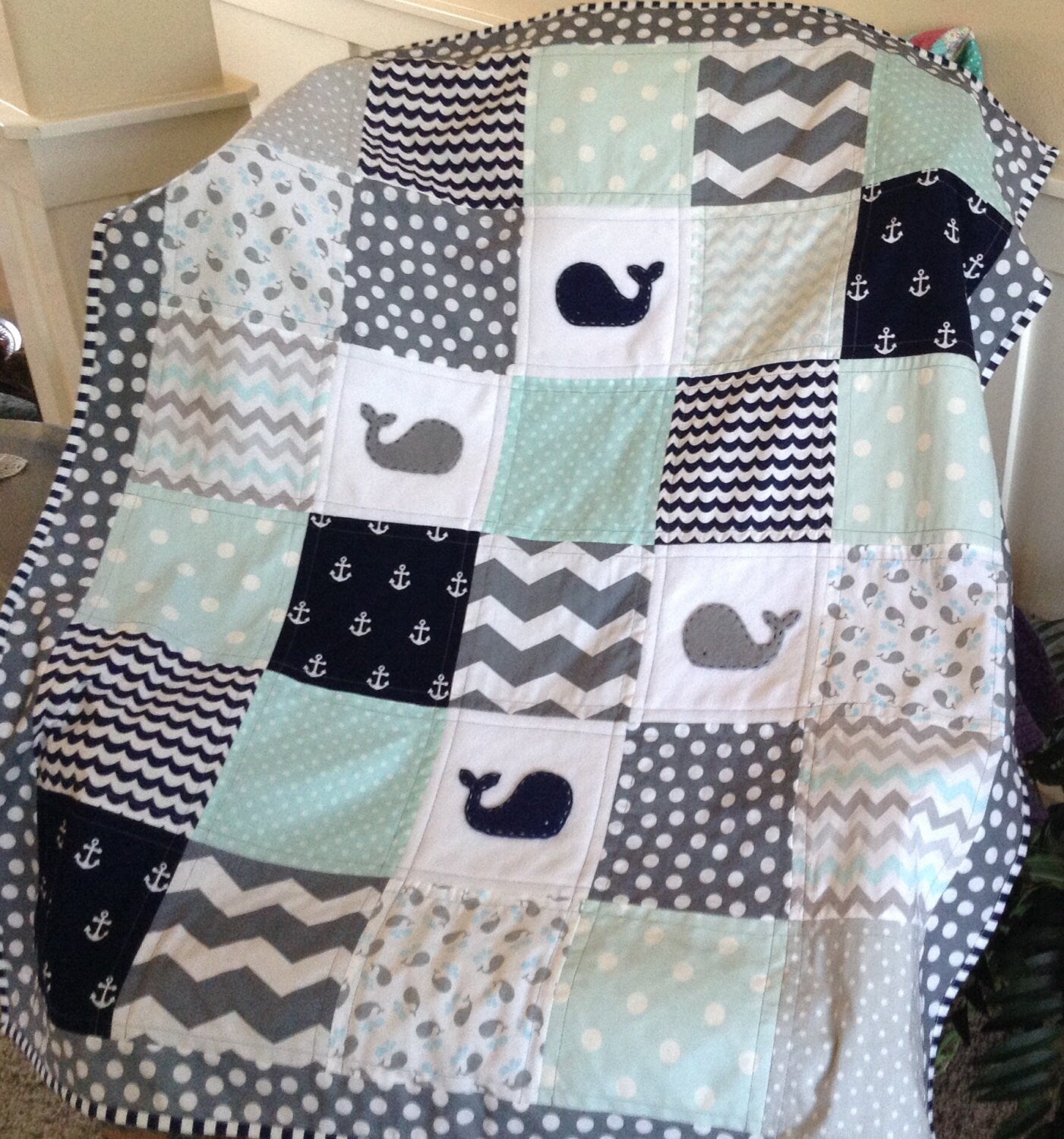 MINT and NAVY NAUTICAL Anchor & Baby Whale quilt