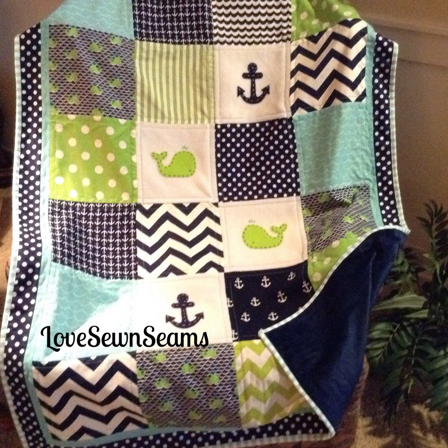 Nautical Baby quilt/Crib quilt/Baby quilt/Navy and Lime quilt