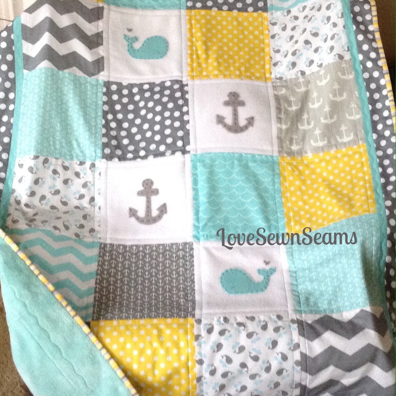 YELLOW/GRAY/AQUA Nautical Quilt 38"x52" /Nautical quilt with yellow