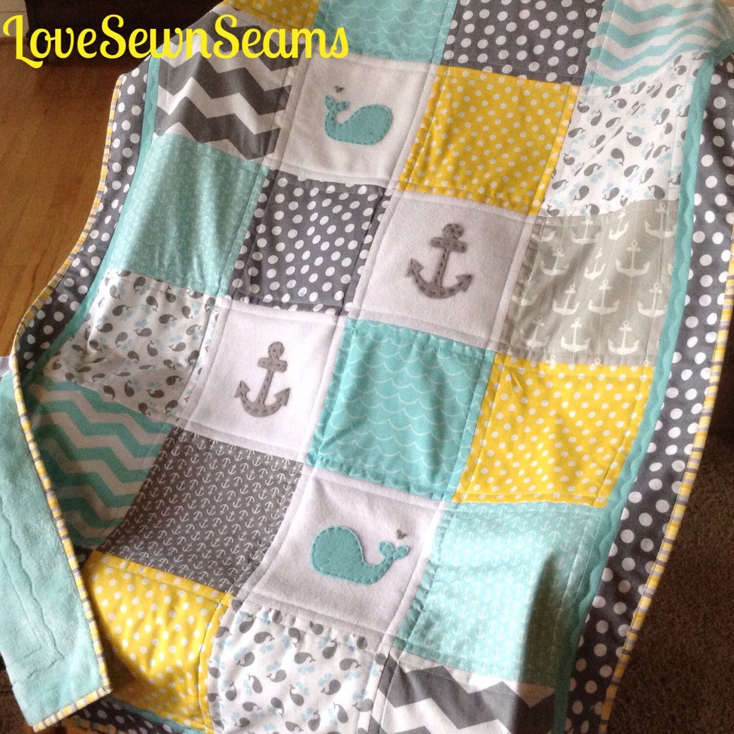 YELLOW/GRAY/AQUA Nautical Quilt 38"x52" /Nautical quilt with yellow