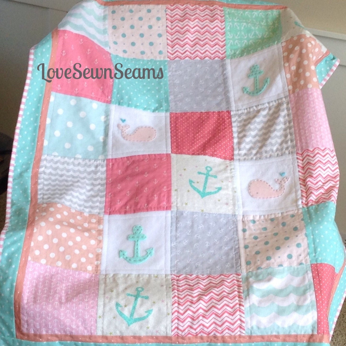CORAL/MINT/Aqua/Pink/GRAY Nautical Quilt/Crib size 38"x52