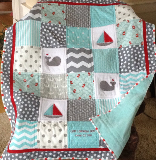Nautical Baby Quilt/AQUA & GRAY w RED Accent Sailing Quilt/Nautical nursery/Baby quilt