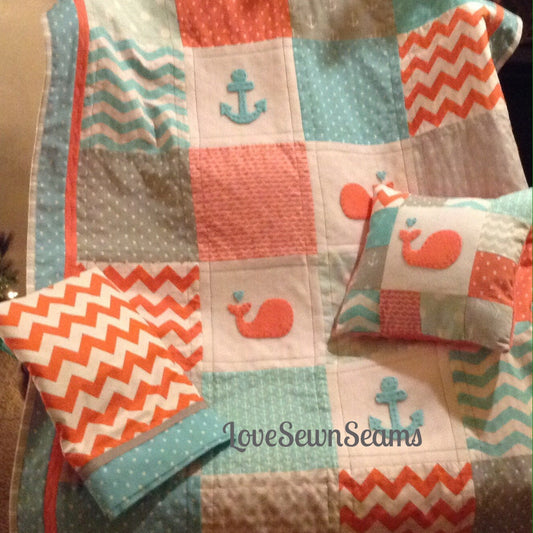 MADE TO ORDER/Coastal baby quilt/Nautical baby quilt/ Baby quilt/Crib size quilt/Nautical /Coral and Teal quilt