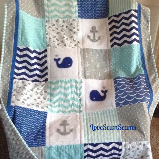 ROYAL/GRAY/AQUA Nautical Quilt/Anchor quilt/Whale blanket/Crib size