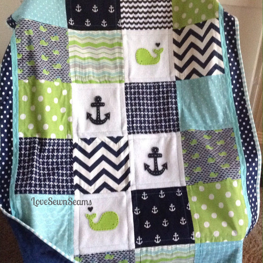 Nautical Baby quilt/Crib quilt/Baby quilt/Navy and Lime quilt