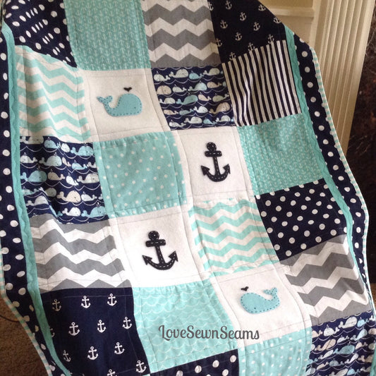 MADE TO ORDER/Nautical quilt/Coastal quilt/Whale quilt/Modern baby quilt/Crib quilt/Mini Crib quilt
