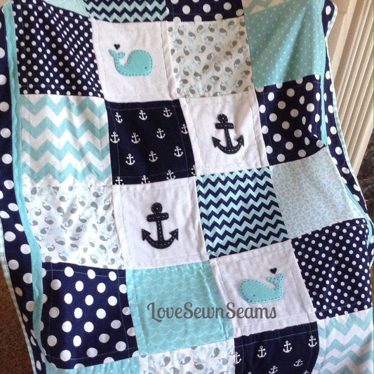 Nautical  Crib quilt/COASTAL Quilt/Baby quilt/Nautical Baby Blanket/Nautical Crib bedding/Whale baby quilt