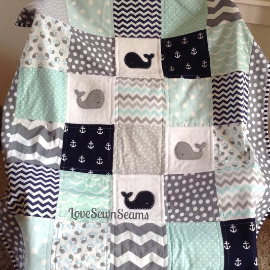 MINT and NAVY NAUTICAL Anchor & Baby Whale quilt