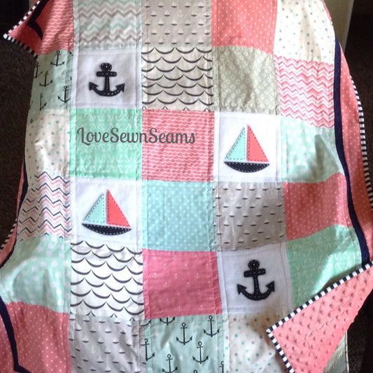 Mint, Coral, navy & gray Sailing quilt 38"x52"/Sailboats/Nautical nursery
