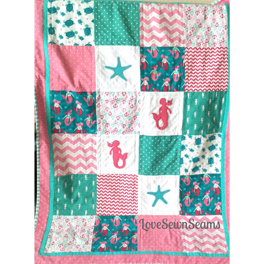 Mermaid Quilt/Sea Turtle quilt/Handmade in USA/Nautical Baby quilt/Starfish