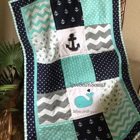 MADE TO ORDER/Mini crib quilt/Nautical/Coastal/Lovey/Small Baby Quilt/Stroller blanket/Baby travel quilt
