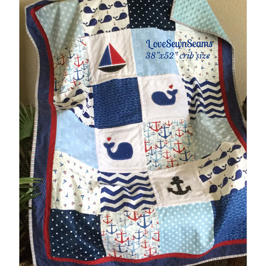 NAUTICAL QUILT/RED White and Blue Nautical Quilt/Baby Quilt/Handmade Quilt