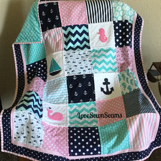 Pink Navy Aqua Nautical Quilt/Nautical Baby quilt/Seahorse/Nautical crib guard/Coastal quilt