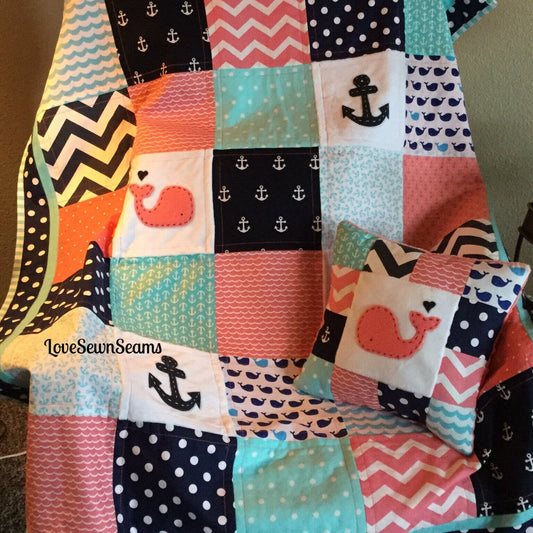 MADE TO ORDER/Nautical Quilt/Coral and Navy quilt/Baby quilt/Handmade quilt