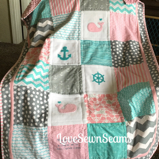 Nautical Baby Quilt/Handmade quilt/Coastal Baby Quilt/Teal and pink quilt/Baby Quilt