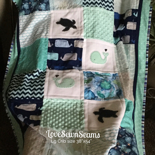 MADE TO ORDER/Sea Turtle quilt/Navy and Mint Sea Turtle baby quilt/Modern Baby quilt/Handmade quilt/Sea turtle and whale quilt