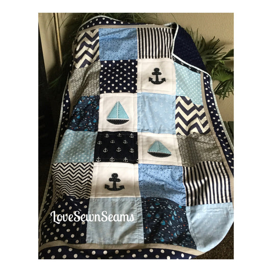 MADE to ORDER/Nautical Crib Quilt/Sailboat baby quilt/Handmade in USA/Nautical Boy quilt/Baby Quilt