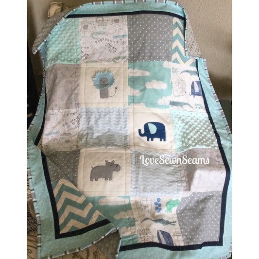 MADE TO ORDER/Adorable/Animal quilt/Animal Lovey/Elephant quilt/Hippo Quilt/Jungle animals/Baby quilt/Neutral baby quilt/Also Matching items