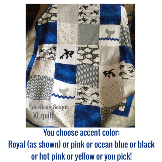 Orca quilt/Choose your accent color/Orca Lovey/Orca baby quilt/Killer Whale Lovey/Whale quilt/Childs quilt