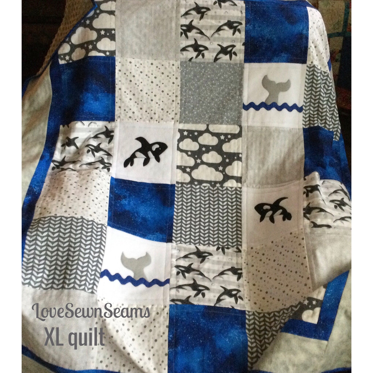 Orca quilt/Choose your accent color/Orca Lovey/Orca baby quilt/Killer Whale Lovey/Whale quilt/Childs quilt