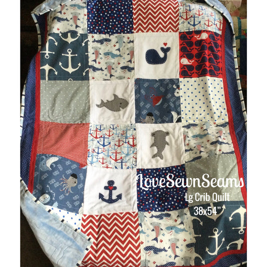 NAUTICAL QUILT/Ships NOW/Ocean quilt/Shark Whale quilt/Handmade quilt/Perfect Baby gift