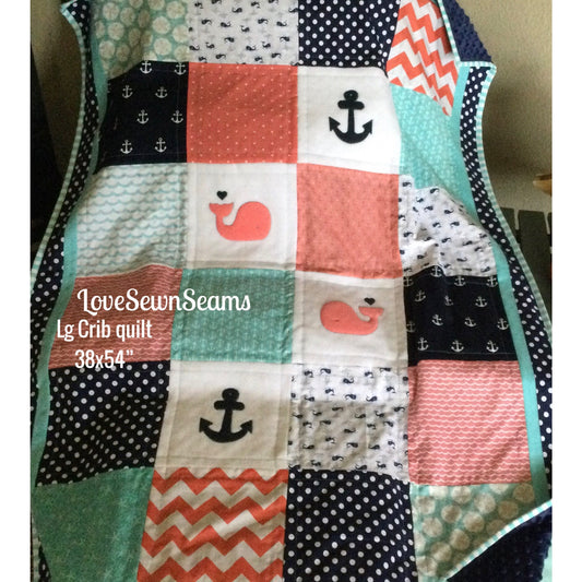 Made to order/Handmade quilt/Coral and Navy quilt/Nautical quilt/personalized quilt